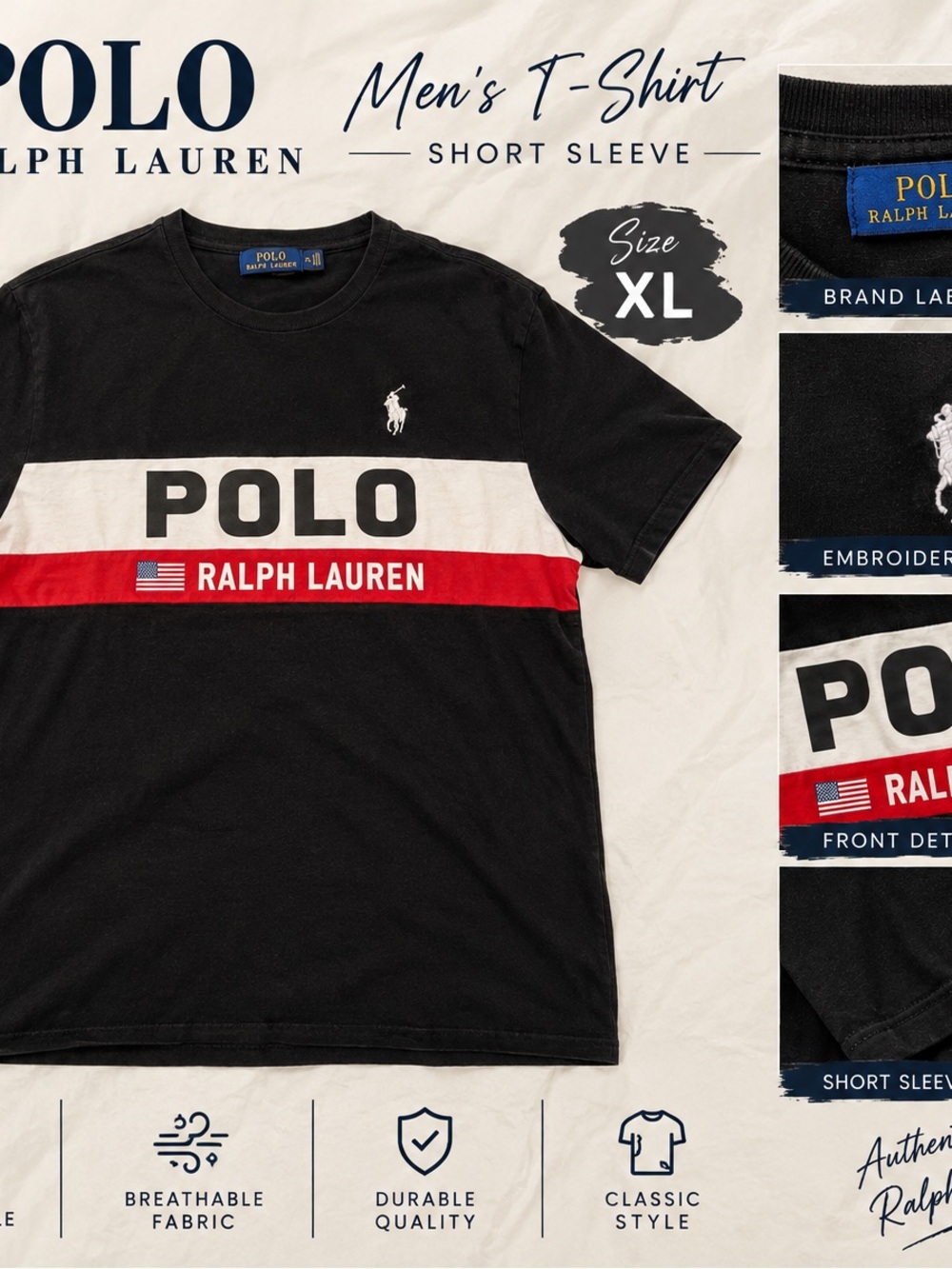 Polo by Ralph Lauren Black, White & Red Men's Short Sleeve T-Shirt